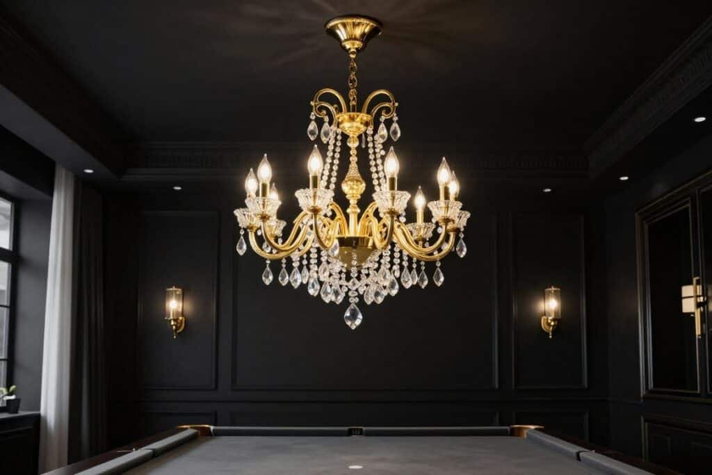 Gold chandelier in black luxury game room