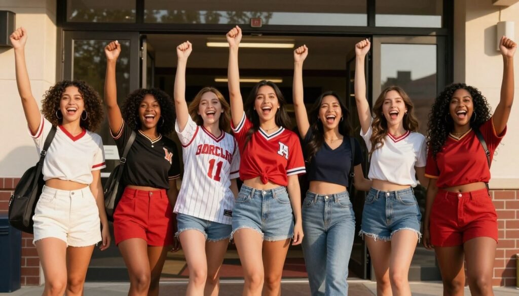 Group of women in various stylish game day outfits at stadium