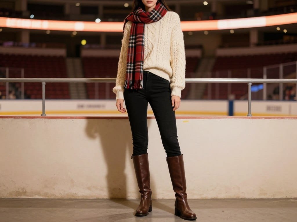 Layered hockey game outfit with boots and scarf