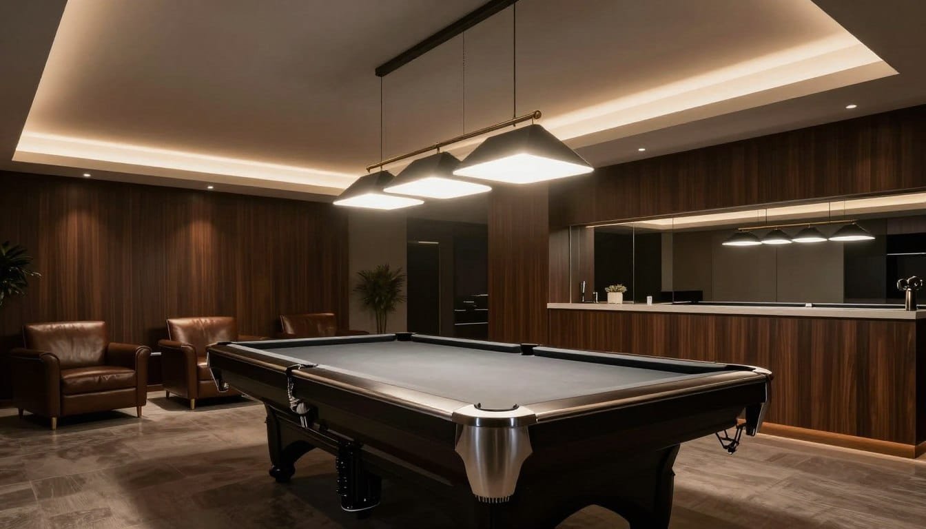 Luxurious pool table room with modern pendant lighting and leather seating