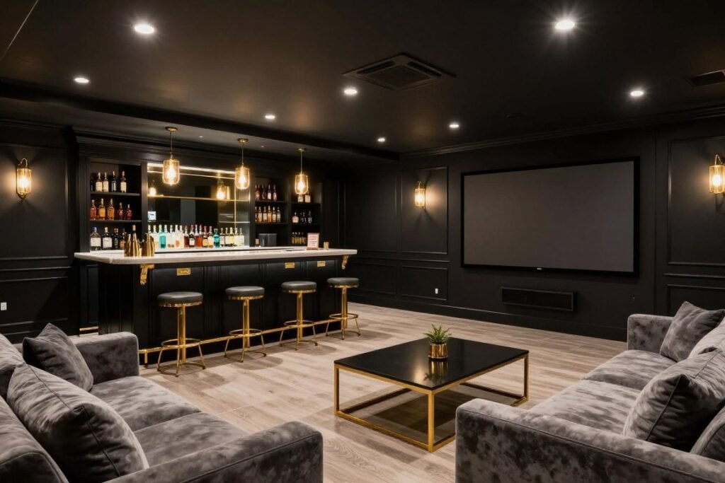 Luxury basement game room with black walls and gold lighting