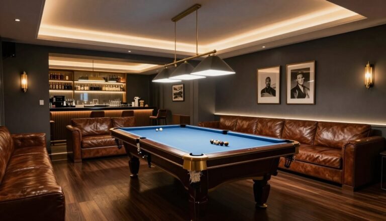 Luxury game room with leather seating, pool table, and ambient lighting