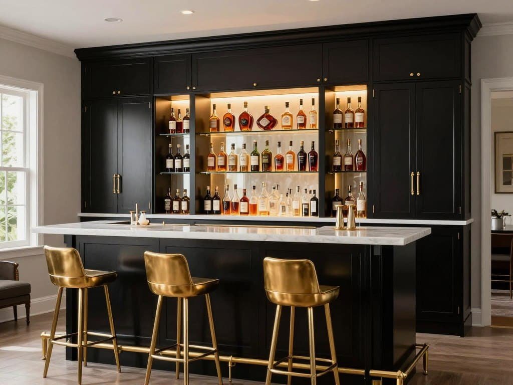 Luxury home bar with black cabinetry and gold fixtures