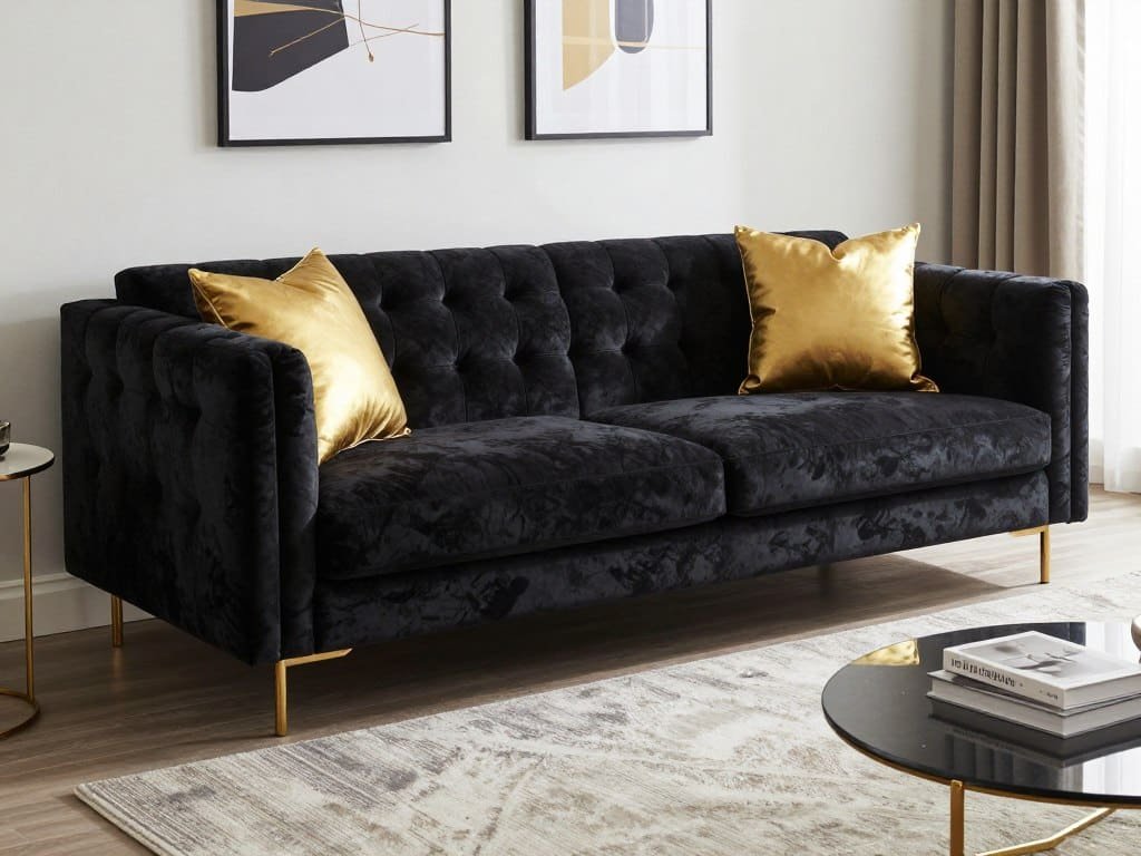 Luxury velvet sectional sofa in black with gold accent pillows