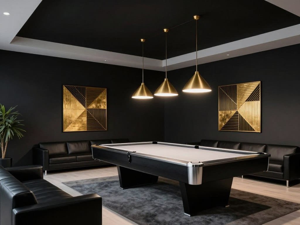 Modern minimalist black and gold game room with clean lines and statement lighting