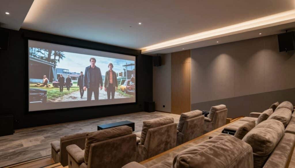 Spacious basement home theater showing projector advantages with immersive large screen