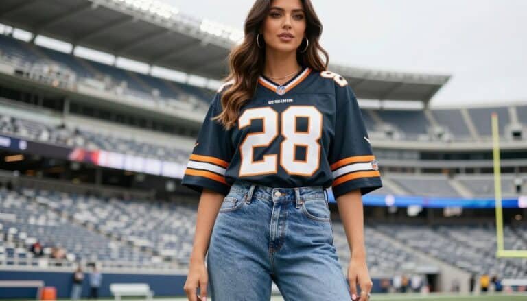 Stylish woman wearing team colors outfit at NFL stadium