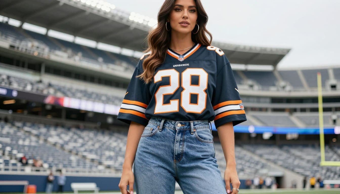 Stylish woman wearing team colors outfit at NFL stadium