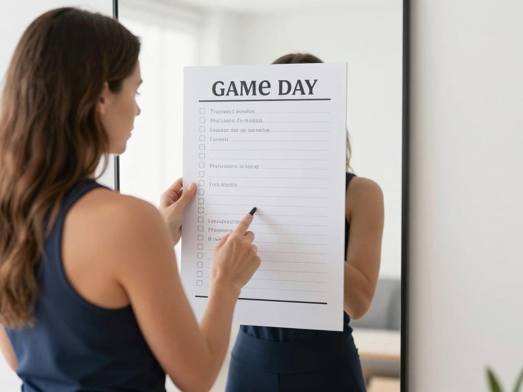 Woman checking outfit before game with checklist