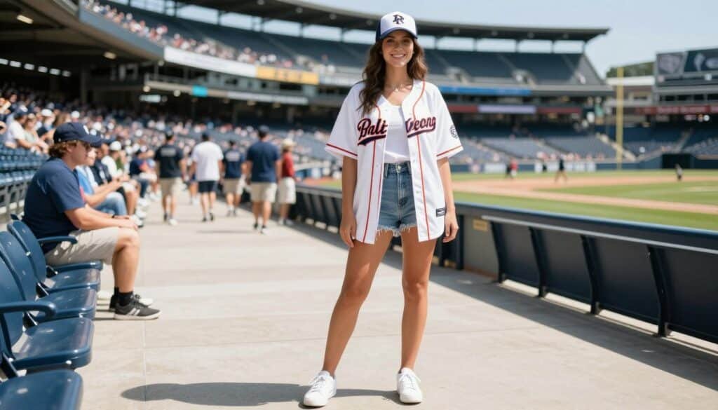 Woman in casual baseball game outfit with jersey and denim shorts