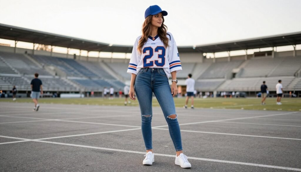 Woman in casual football game outfit with jersey and jeans