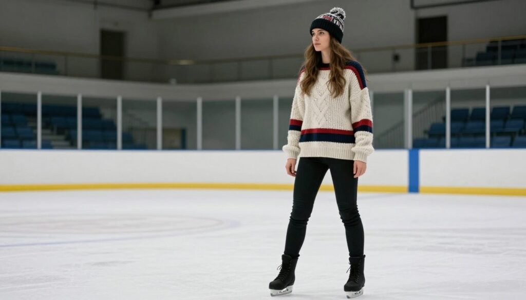 Woman in cozy hockey game outfit with sweater and boots