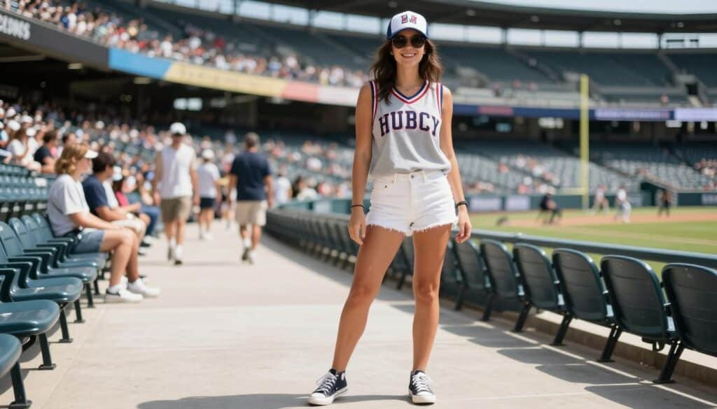 Woman in light summer game day outfit with shorts and jersey