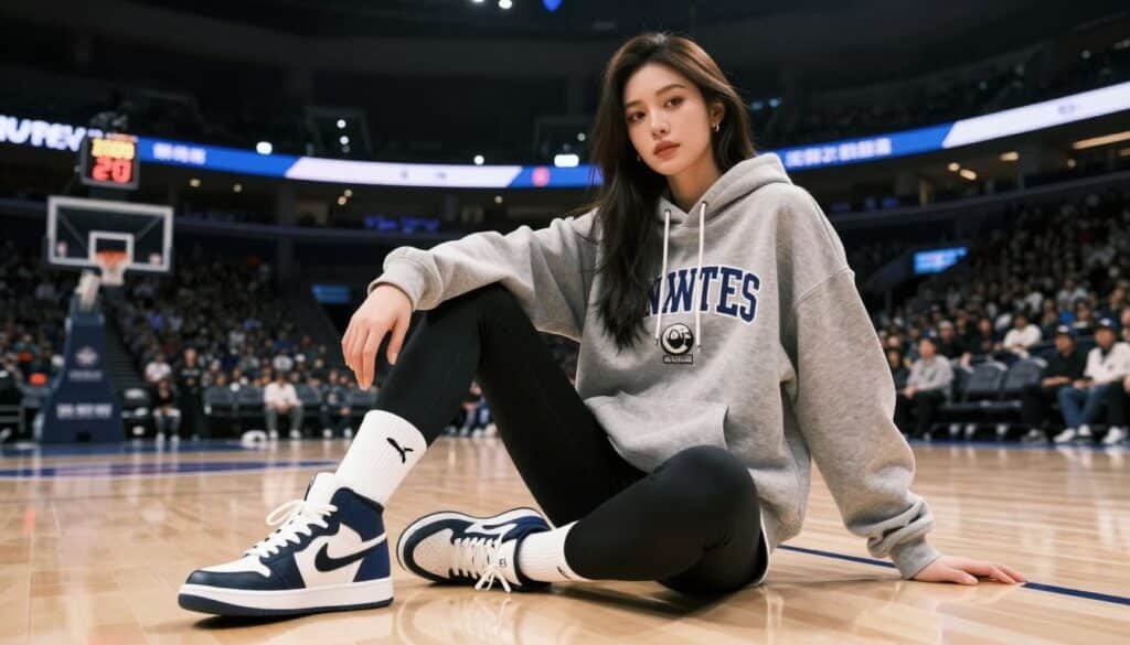 Woman in sporty streetwear outfit at basketball arena