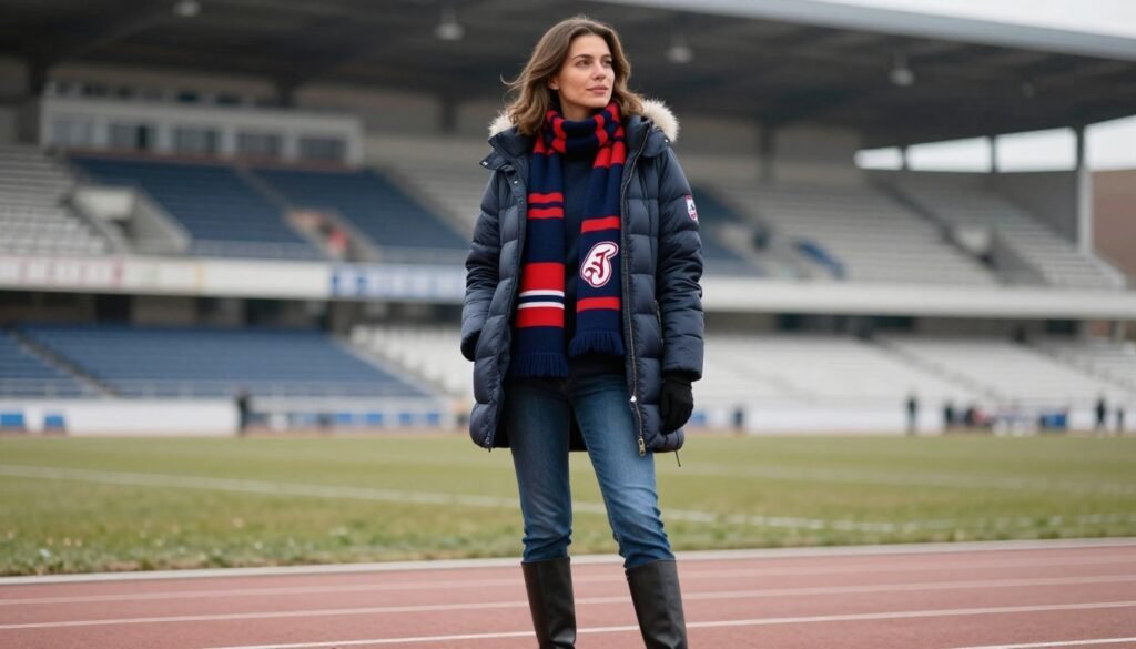Woman in stylish winter game day outfit with puffer jacket and team scarf