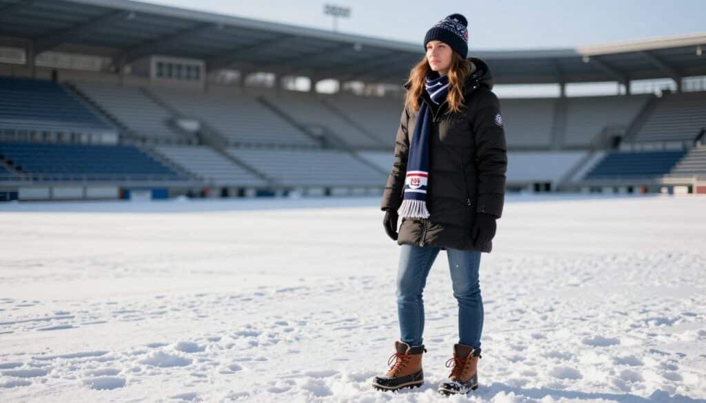 Woman in warm winter game day outfit with puffer jacket
