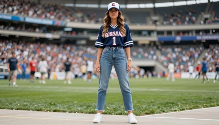 Woman wearing stylish game day outfit at stadium