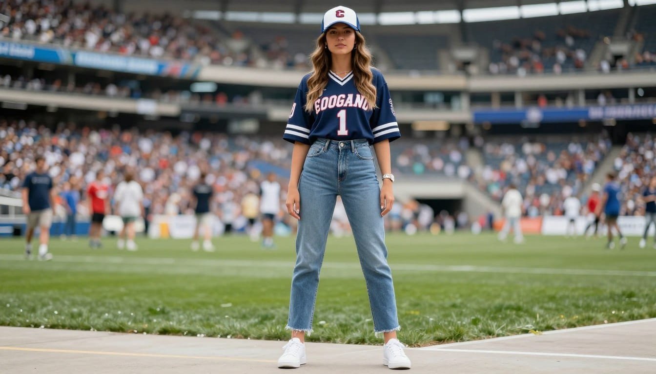 Woman wearing stylish game day outfit at stadium