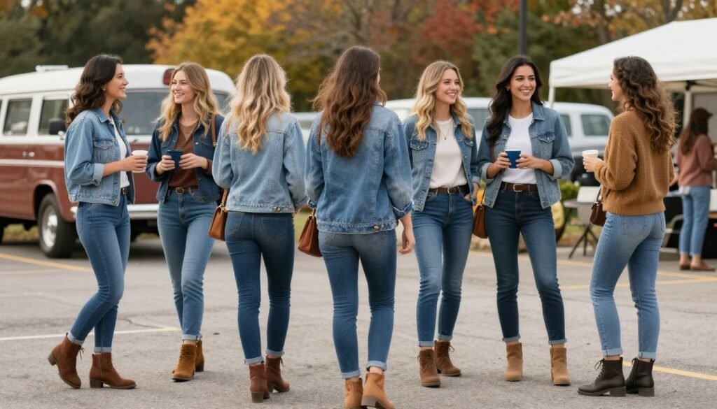 Women in stylish tailgate outfits with denim and boots at stadium parking lot