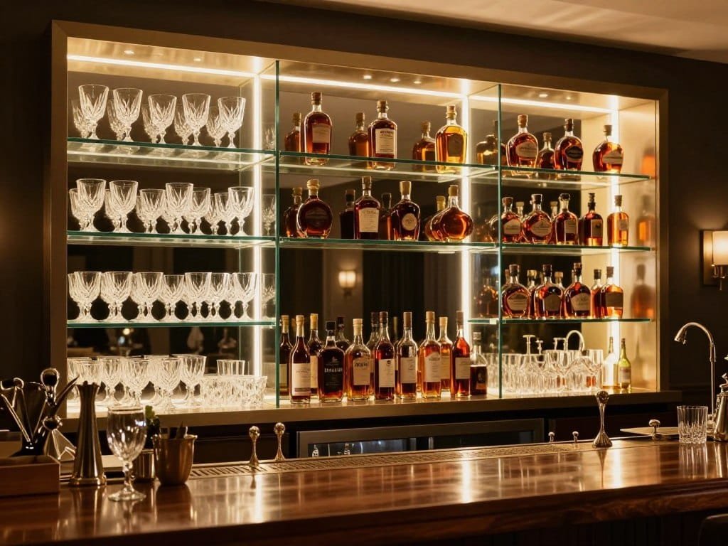 backlit bar with luxury glassware display