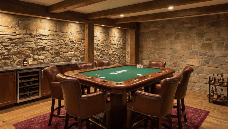 Cinematic wide shot of a cozy basement game room with a walnut game table, cognac leather pub chairs, and warm golden hour lighting, featuring poker chips and cards on the table, a stone accent wall, and a built-in bar cart.