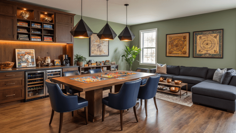 A cozy board game room featuring a rich walnut table with colorful game pieces, surrounded by plush navy chairs, warm oak hardwood floors, and built-in espresso cabinets with LED lighting. The space is illuminated by matte black pendant lights, has a charcoal sectional sofa, and a snack station with a wine fridge and coffee maker, complemented by a sage green accent wall, fresh plants, and vintage game board art.