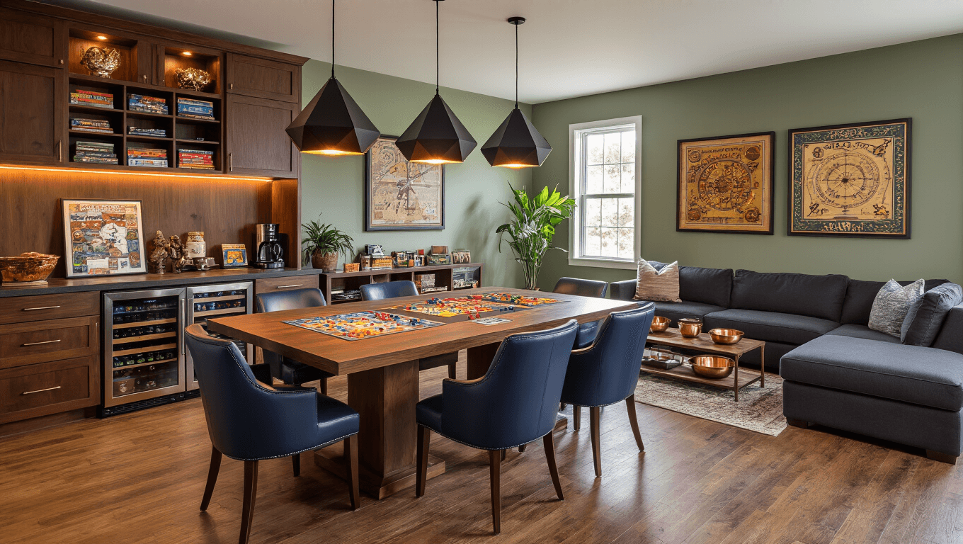 A cozy board game room featuring a rich walnut table with colorful game pieces, surrounded by plush navy chairs, warm oak hardwood floors, and built-in espresso cabinets with LED lighting. The space is illuminated by matte black pendant lights, has a charcoal sectional sofa, and a snack station with a wine fridge and coffee maker, complemented by a sage green accent wall, fresh plants, and vintage game board art.