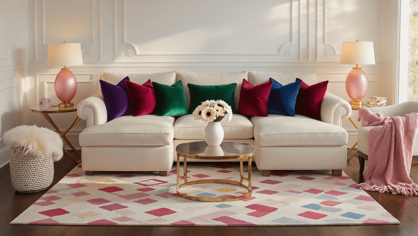 Cinematic wide-angle shot of a candy-inspired living room featuring a cream sectional with jewel-tone pillows, pastel rug on dark hardwood, rose gold accents, and elegant decor during golden hour.