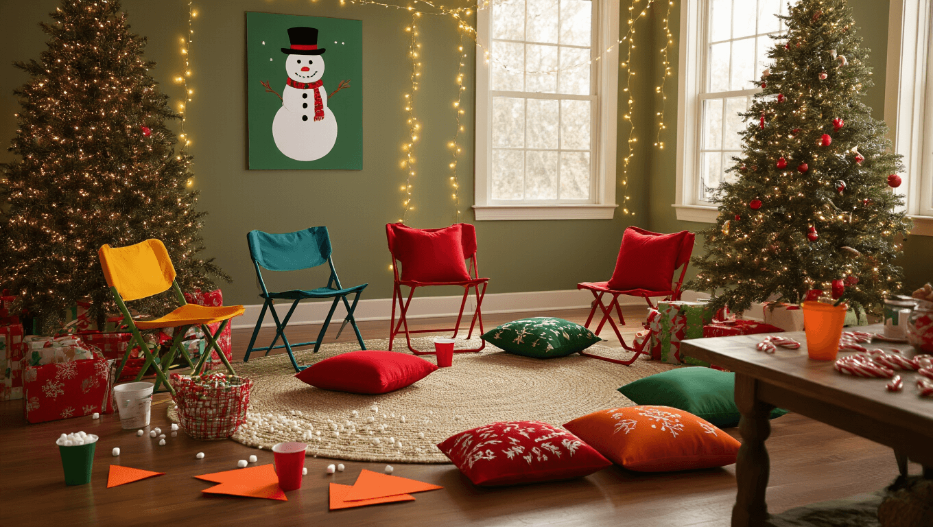 Warmly lit living room set up for a children's Christmas party with colorful folding chairs, festive pillows, a snowman poster, twinkling lights, and cozy decorations.