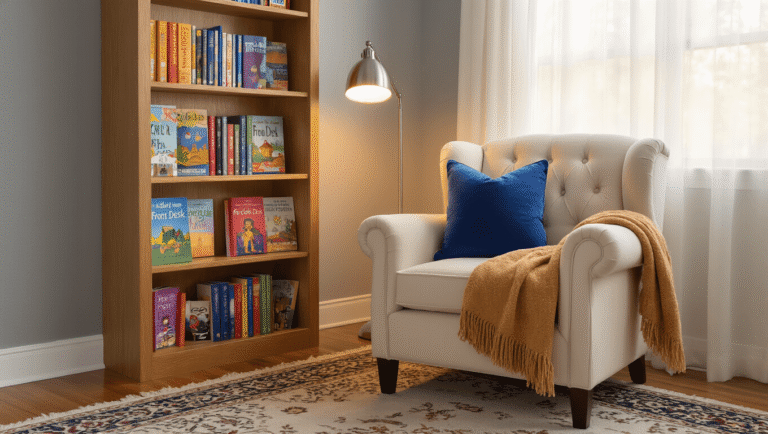 A cozy children's reading nook featuring a cream armchair with a sapphire pillow and caramel throw blanket, beside a tall window with sheer curtains. A natural oak bookcase displays colorful novels, including "Front Desk," under warm lighting from a silver LED lamp. The scene has dove gray walls and a Persian-style rug, creating a serene and inviting atmosphere.