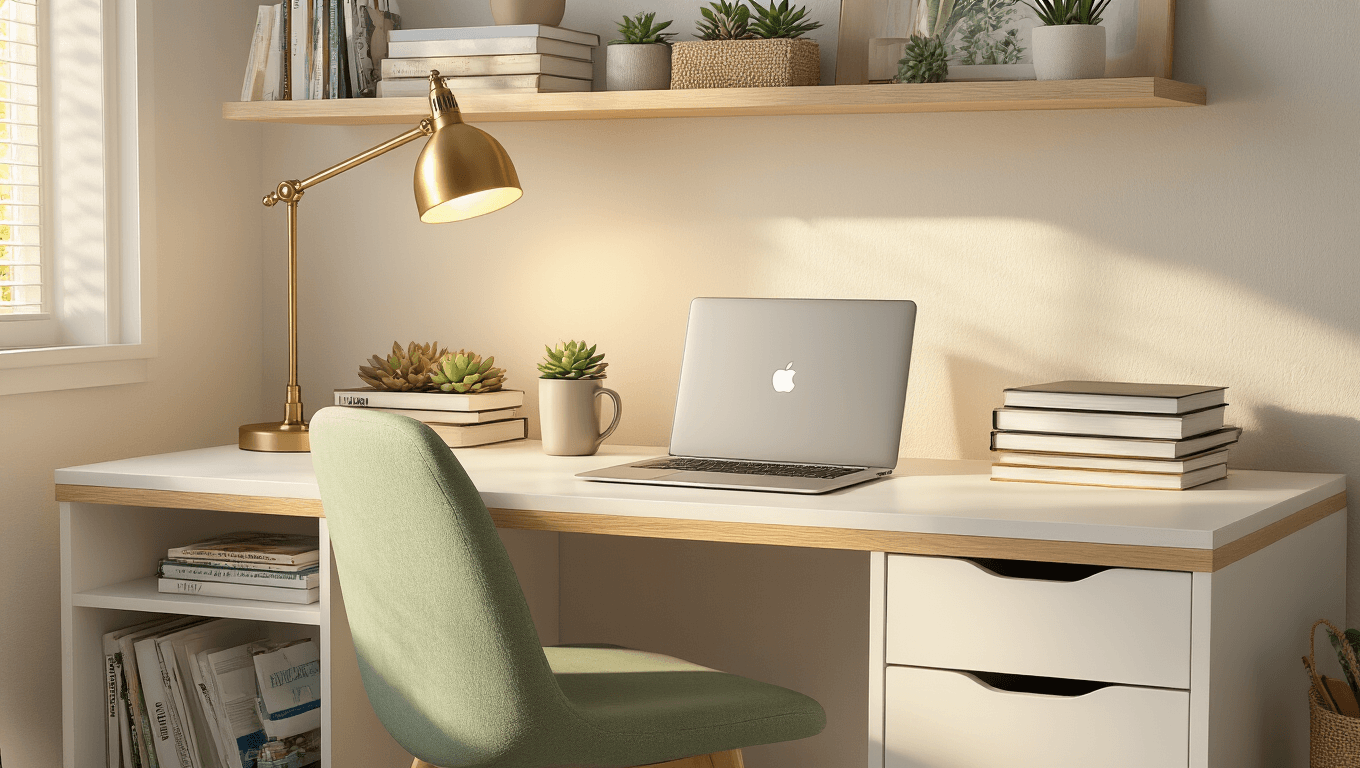 Photorealistic dorm room study corner featuring a compact white desk with light oak accents, open MacBook, stacked textbooks, and a warm brass desk lamp. An ergonomic sage green chair complements the setup, while built-in shelving displays succulents and personal items. Partially open drawers reveal school supplies, and a steaming coffee mug sits nearby. Late afternoon sunlight streams through a window, casting soft shadows and creating a cozy, inviting workspace atmosphere with a clean minimalist aesthetic.