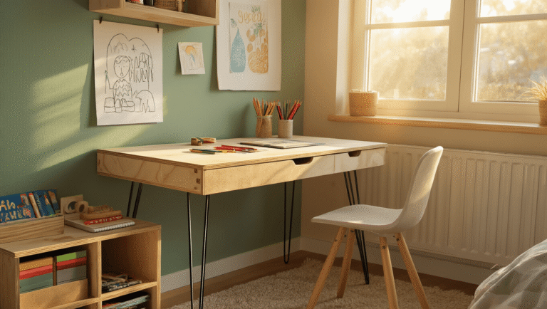 A cozy child's bedroom corner features a DIY plywood desk with hairpin legs, illuminated by golden hour light, highlighting art supplies and hand-drawn artwork on a sage green accent wall.