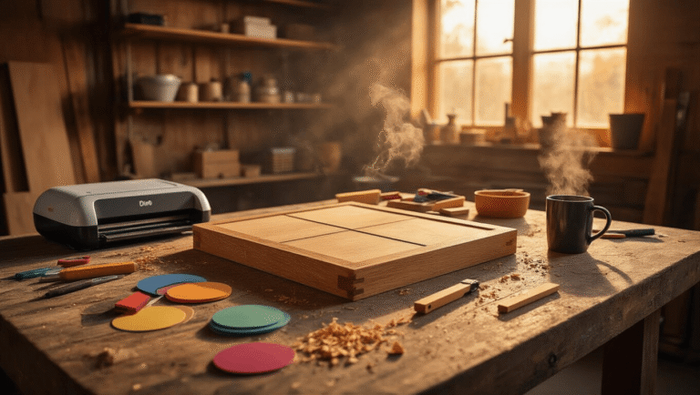 Cinematic workshop scene with warm golden hour lighting showcasing a half-constructed wooden game board on a rustic workbench, surrounded by crafting tools like a Cricut machine and colorful vinyl sheets, with wood shavings and a steaming coffee mug, all highlighting rich amber tones and textures.