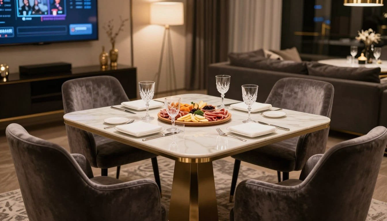 elegant luxury game night setup with sophisticated décor and ambient lighting