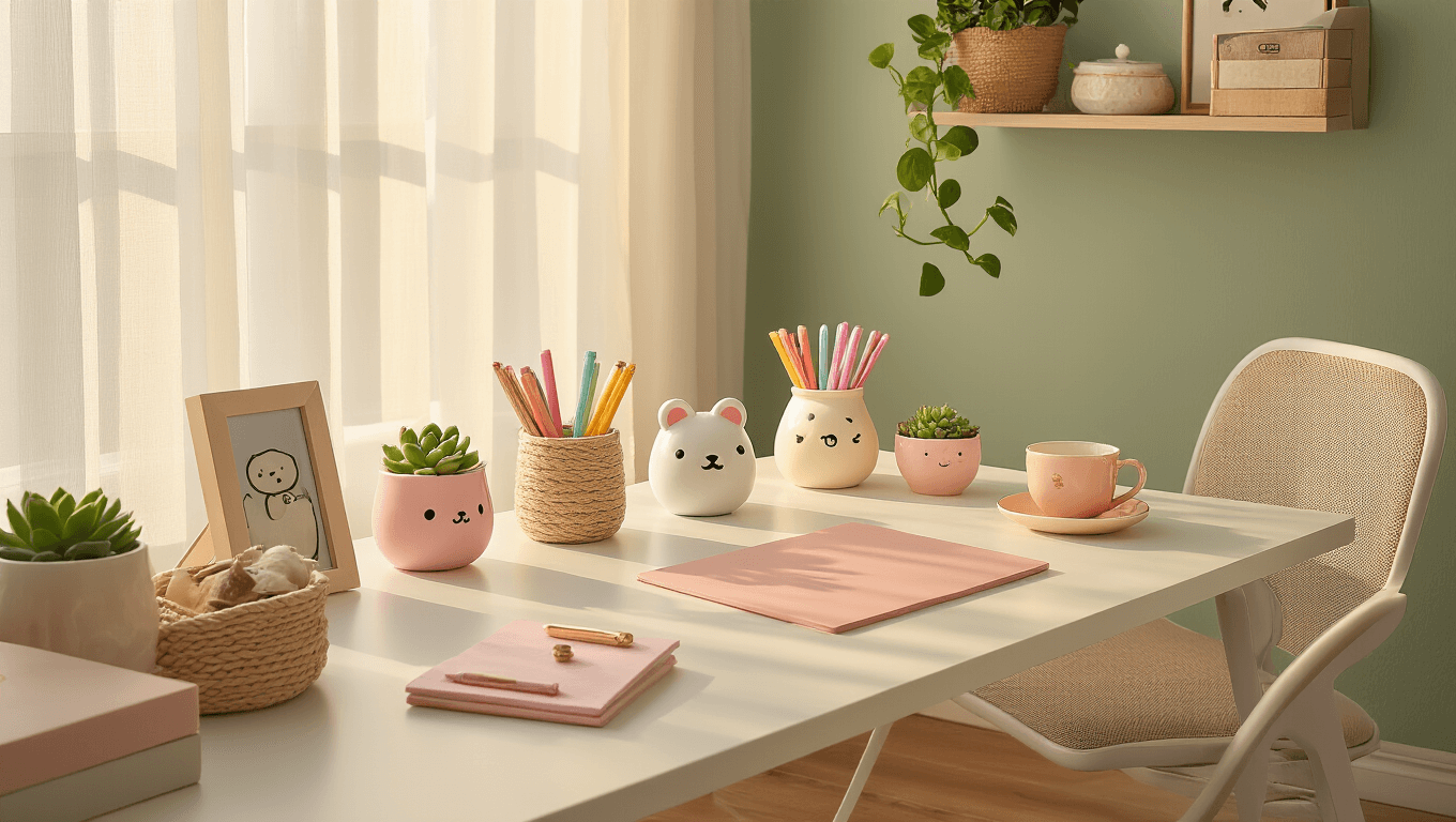 A cozy desk workspace bathed in golden hour light, featuring kawaii animal cable organizers, pastel gel pens, and a small ceramic succulent. The clean white desk is accented by decorative photo frames, a woven basket, and vintage book storage, with a ceramic tea set catching warm sunlight. A cascading pothos plant and blush pink stationery add playful touches to the professional setting with rich textures and a warm color palette.