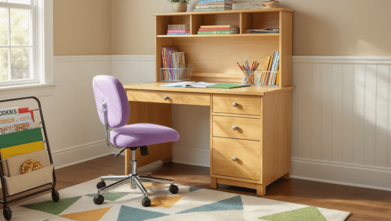 Cinematic wide shot of a honey maple kids' desk with organized supplies, an ergonomic lavender chair, warm natural lighting, and a colorful geometric rug, creating an inviting study atmosphere.