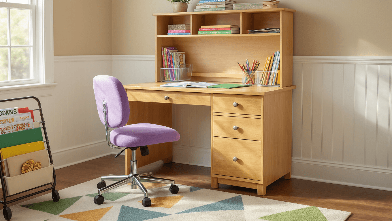 Cinematic wide shot of a honey maple kids' desk with organized supplies, an ergonomic lavender chair, warm natural lighting, and a colorful geometric rug, creating an inviting study atmosphere.