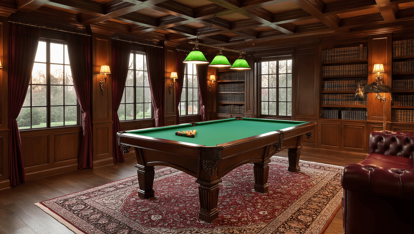 Cinematic view of a luxurious game room with a 9-foot pool table, emerald green felt, dark walnut paneling, warm lighting, and elegant furnishings.