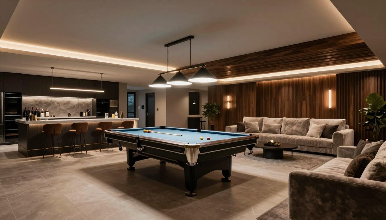 luxury basement game room ideas with modern entertainment setup