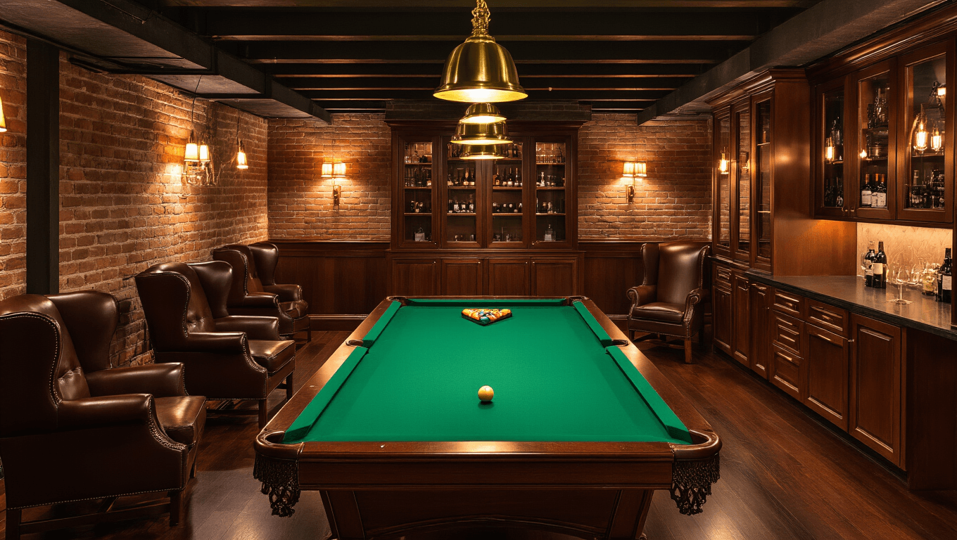 A luxurious basement pool room featuring a mahogany pool table with emerald green felt, deep chocolate leather wingback chairs, warm brass pendant lights, exposed brick walls, polished dark walnut floors, and an inviting bar area, all illuminated by warm 2700K lighting.