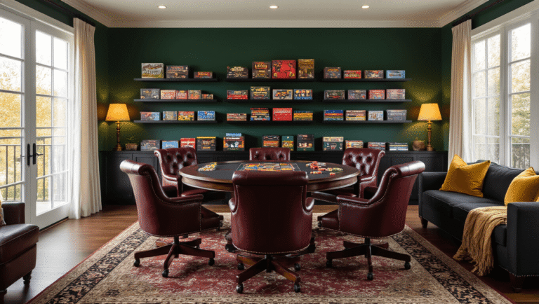 Luxurious board game room with a dark walnut table, plush burgundy leather chairs, and emerald green accents, featuring organized game boxes, warm sunlight, a charcoal sectional sofa, and inviting decor.