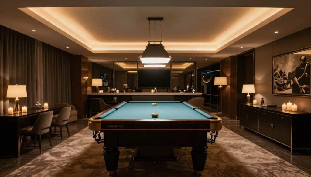 luxury game room with intentional layered lighting design