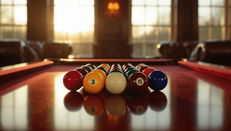 Cinematic close-up of pristine phenolic resin pool balls in a perfect triangle formation on a rich mahogany table, illuminated by golden hour lighting, showcasing vibrant colors, textures, and reflections with a soft bokeh background of leather chairs.