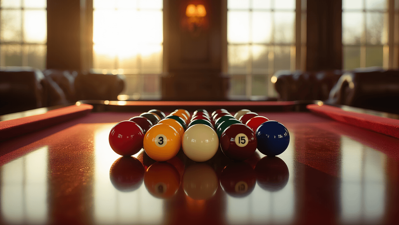 Cinematic close-up of pristine phenolic resin pool balls in a perfect triangle formation on a rich mahogany table, illuminated by golden hour lighting, showcasing vibrant colors, textures, and reflections with a soft bokeh background of leather chairs.