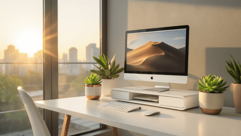 A serene minimalist workspace featuring a white floating desk, sleek monitor stand, and a white desk organizer with copper accents, illuminated by warm golden hour sunlight. A jade succulent in a ceramic pot adds a touch of greenery against a warm grey accent wall, creating a clean and inviting atmosphere.