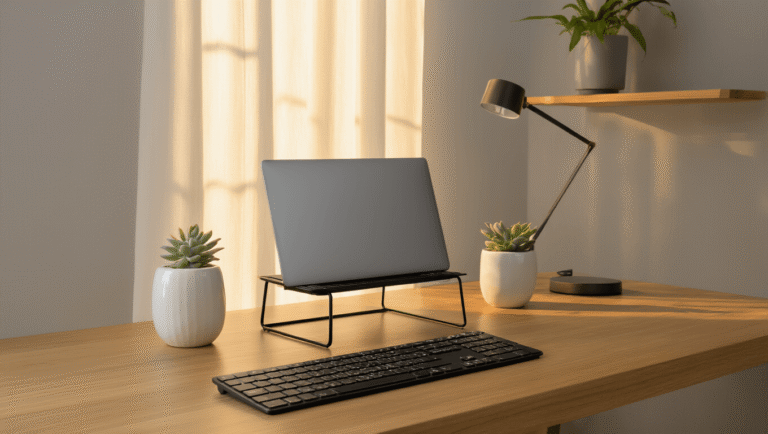 Minimalist wooden desk with silver laptop, black keyboard, and succulent pot in soft golden hour light, featuring a blurred background with bamboo shelf and textured wall.