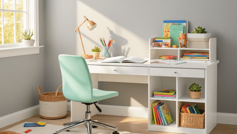 A modern child's bedroom corner featuring a white storage desk with colorful school supplies, an open homework notebook, and a small succulent plant, alongside an ergonomic mint green rolling chair. Soft gray walls and golden sunlight create a warm, inviting study atmosphere, with organized cubbies holding books and art materials scattered around.