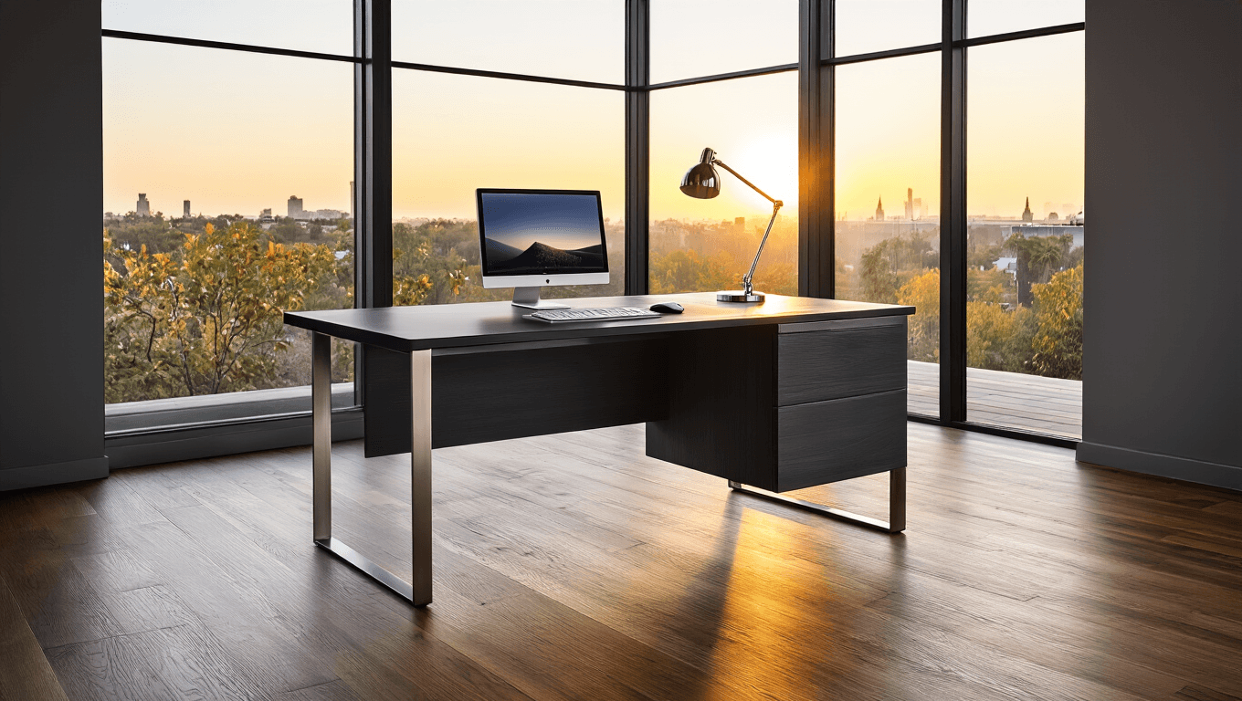Modern executive desk with charcoal laminate top and aluminum legs in a warm home office, featuring golden hour lighting, wireless keyboard, sleek monitor, and leather desk pad, against dove gray walls and hardwood floors.