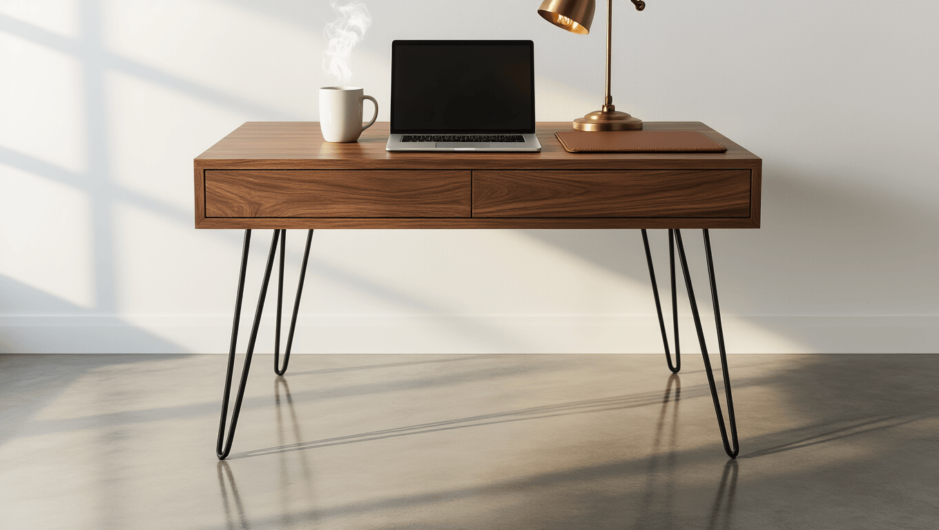 Cinematic close-up of a modern walnut desk with black steel hairpin legs, featuring a laptop, coffee mug, leather desk pad, and brass lamp, illuminated by warm afternoon light, against a clean white wall and polished concrete floor.