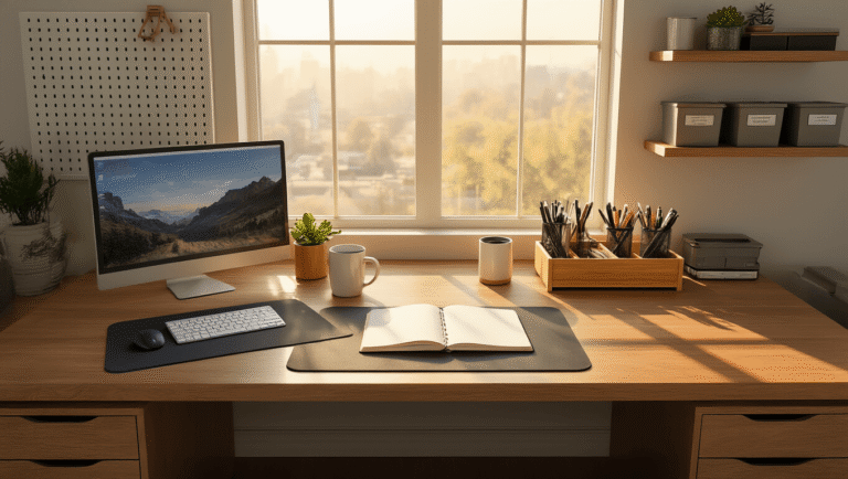 Cinematic overhead shot of a meticulously organized office desk showcasing distinct work zones, featuring a monitor, ergonomic mouse pad, cleared workspace with a notebook and coffee mug, and a bamboo organizer with supplies, all illuminated by warm golden hour light.